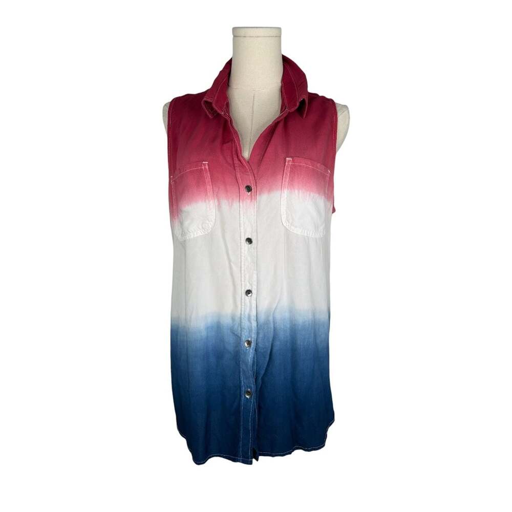 Rock & Republic Red White and Blue Ombre Sleeveless Denim Button Down Shirt XL